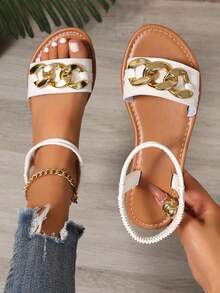 Sandalias planas de moda coreana, sandalias de verano de dedo abierto para uso en exteriores - Blanco - Ver 1