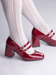 Loris Shoes Oficial Women's Doll Pump Shoe With 2 Buckles Glossy Varnish Thick Block Heel 2861 - Véc ni Marsala - Xem 1