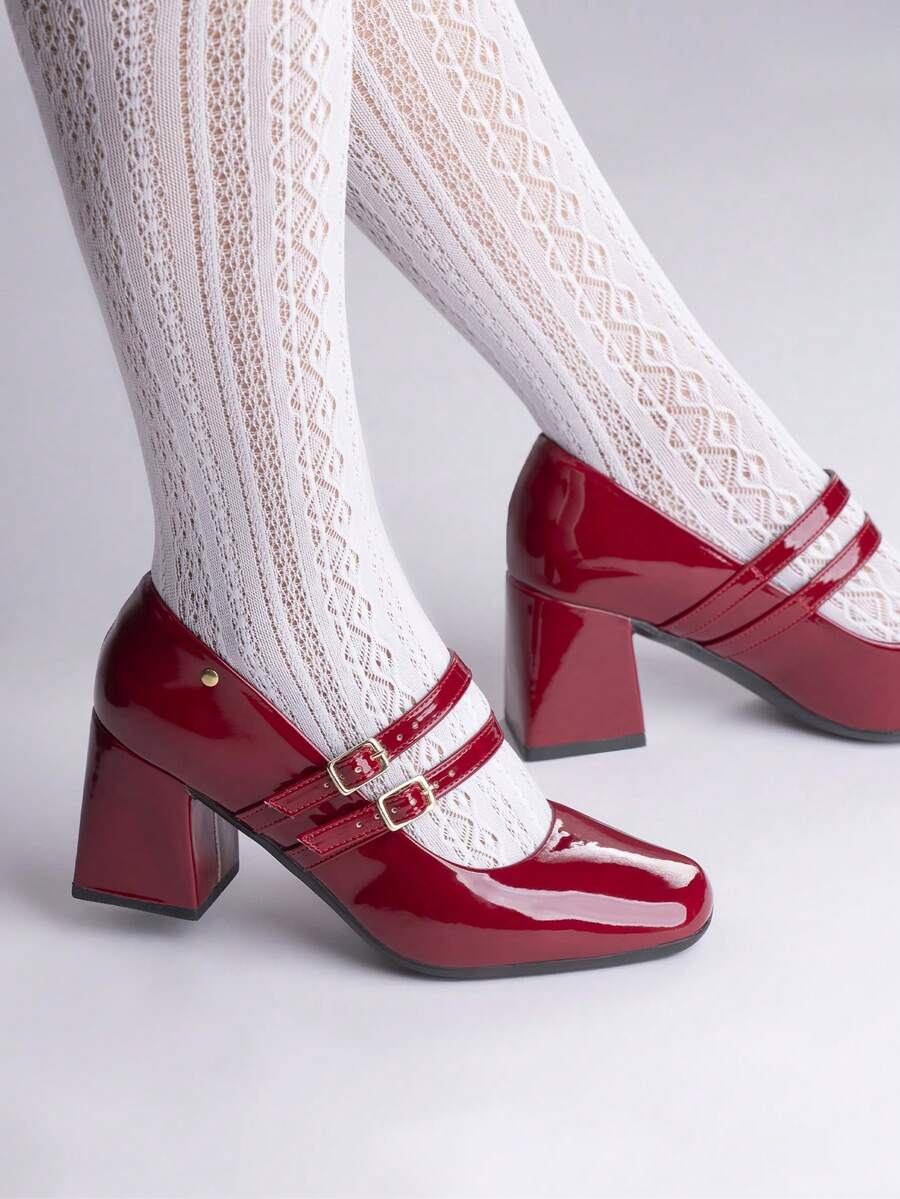 Loris Shoes Oficial Women's Doll Pump Shoe With 2 Buckles Glossy Varnish Thick Block Heel 2861 - Véc ni Marsala - Xem 1