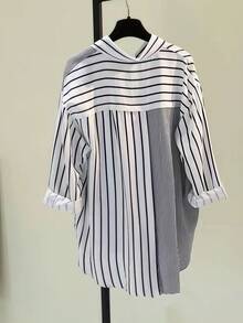 ​Women's Striped Asymmetric Lapel Long Sleeve Shirt With Contrast Buttons & Pocket - Casual All Occasion Year-Round Top​,Fall Clothes For Women - Multicolor - View 2