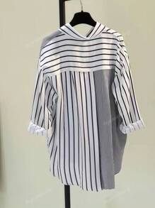 ​Women's Striped Asymmetric Lapel Long Sleeve Shirt With Contrast Buttons & Pocket - Casual All Occasion Year-Round Top​