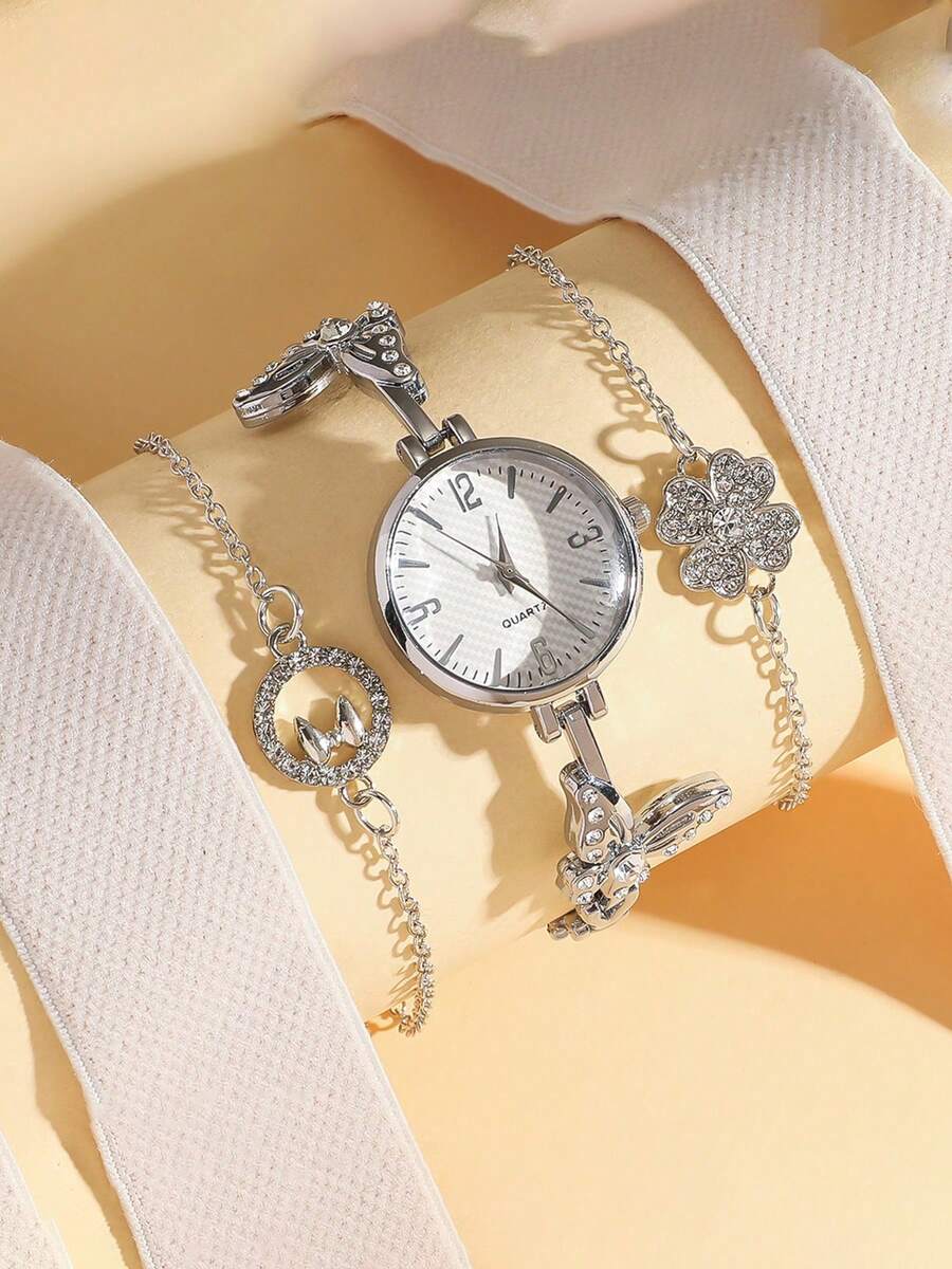 3pcs/Set Elegant Minimalist Bar Dial Round Dial Stainless Steel Band Quartz Watch + Tooth & Flower Bracelet Combo Suit, Suitable For Birthday Gift, Daily Outfit - Silver - View 1