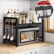 Expandable Kitchen Microwave Stand With 6 Hooks Designed For Efficient Utensil Organization, Adjustable Width Suitable For Most Microwave Ovens, Promoting Orderliness And Convenience In The Kitchen