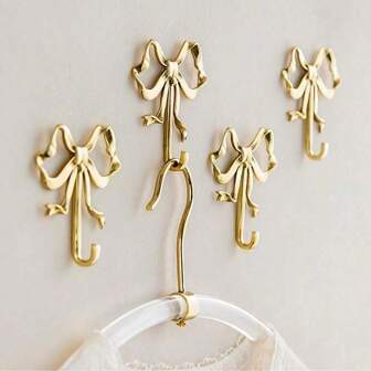 1pc Gold Bowknot Hook, Brass Bowknot Wall Hook, Door Hook, Towel Hook, Wedding Decoration Hook, Bathroom, Living Room, Kitchen Decoration, Painted Finish, Easy To Install, Retro Ribbon Design Hook