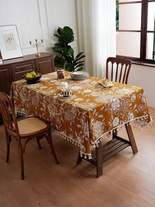 1pc American Country Nordic Style Hydrangea & Peony Embroidered Tassel Tablecloth, Suitable For Coffee Table, Dining Table - Yellowish White - View 6