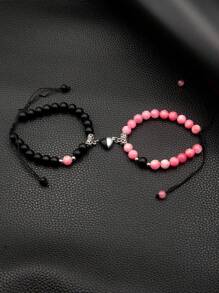 2pcs/Set Magnetic Heart Couple Bracelets, Bead Bracelet, Versatile Colors & Styles Suitable For Daily Wear, Parties, Great Gift For Boyfriend