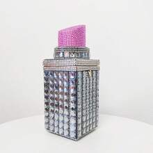 Women's Lipstick Shape Inlaid With Rhinestones Dinner Bag Wallet Shiny Banquet Handbag Business Dinner Party Diamond-Encrusted Lipstick Box - Xám - Xem 3