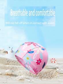 1 PC Pink Comfortable Cartoon Printing Pattern Elastic Teenagers Swimming Cap Comfortable Non-Tightening Cloth Cap Long Hair Ear Protection Hat Swimming Pool Swimming Cap