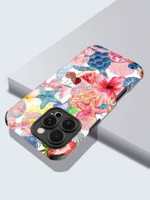 1 pieza Nueva Funda híbrida de TPU+PC a prueba de golpes, antideslizante y protectora con diseño de flor, tortuga marina y estrella de mar compatible con Apple 16/16 Plus/16 Pro/16 Pro Max