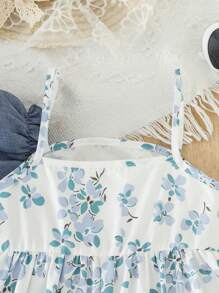 Set de 2 piezas vestido de tirantes informal con estampado floral pequeño y chaqueta para niñas, para vacaciones de verano