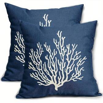 2pcs Navy Blue Beach Coral Pillowcase, Ocean Themed Linen Print Cushion Cover, 17.72x17.72 Inches, Zipper Closure, Machine Washable, Home Decor Outdoor Summer Pillow Cover (No Pillow Insert)
