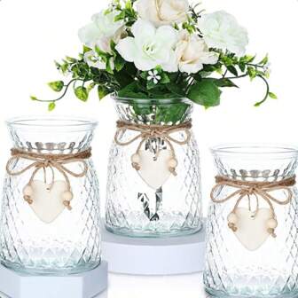 1pc Glass Vase With Wooden Hearts And Rope Modern Clear Textured Flower Vase Home Decor Centerpiece Table Decor Vase (Flowers Not Included) Room Decor