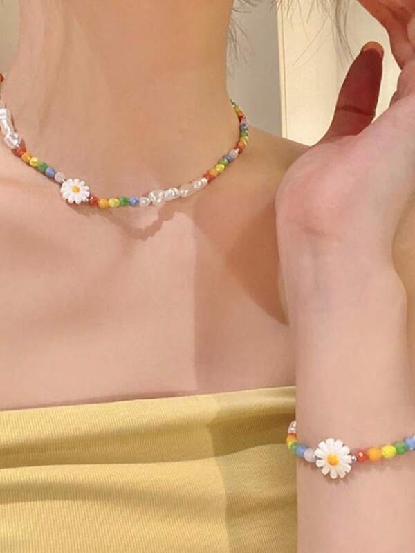 1pc Pearl Daisy Multi-Color Beaded Necklace, Fashion Bracelet And Choker Necklace Set