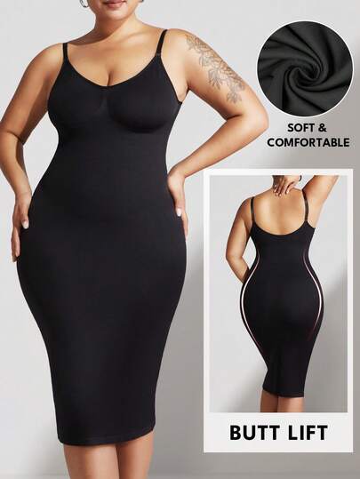 1pc Plus Size Women Shapewear Jumpsuit Dress, Waist Slimming, Seamless Black, Tightens Bust, Abdomen And Waist, Plus Size Shaping Dress, Full Body Nightgown