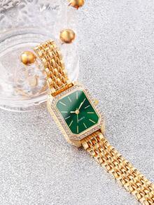 5pcs Luxury Square Green Dial Quartz Watch & Green Leaf Earrings, Necklace, Ring Set, Best Back To School Gift, Elegant Birthday Present, Versatile Summer Accessory