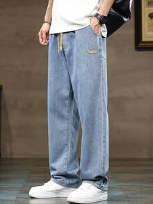 Calça Denim Casual Confortável de Perna Reta Solta com Cintura Elástica e Cordão, Plus Size, Ideal para Todas as Estações
