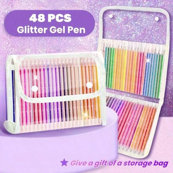 48 Colores Bolígrafos de Gel Brillantes con Bolsa de Almacenamiento, Bolígrafos Esfera Metálicos Brillantes de 1.0mm, Bolígrafos de Colores Brillantes, Bolígrafos de Pintura Brillante, Arte de Dibujo, Creación de Diarios y Libretas, Manualidades DIY, Útiles Escolares, Vuelta al Cole