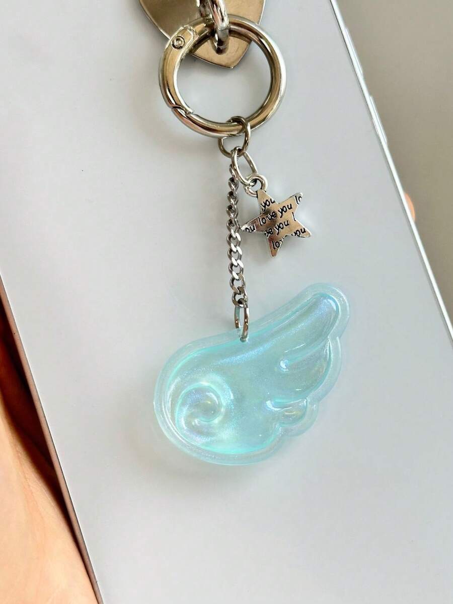 1 件女士时尚韩国独立甜美星星闪光天使翅膀钥匙扣、手机壳、耳机壳、包包饰品 - 藍色 - 查看 1