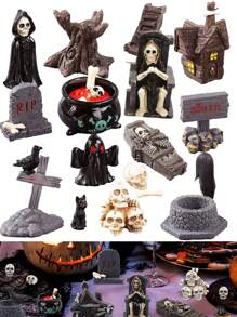 6pcs-Halloween Miniature Statues Resin Ghost Tombstone Skull Scene Decorations Halloween Garden Accessories Mini Halloween Decorations Outdoor Home Village Crafts Decorations Front Yard Patio Lawn Garden Party And Halloween