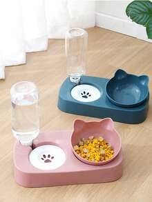 1 Set Blue/Pink Cat Water Bowl With Automatic Waterer, Moisture-Proof Rim And Anti-Spill Function, Multifunctional Adjustable Pet Food Dispenser, 2-In-1 Cat Feeding Supplies - Multicolor - View 3
