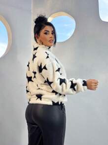 Women's Plush Blouse Coat Star Print Zipper Turtleneck Warm And Comfortable Fall Winter Fashion