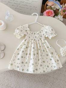 Korean Style Baby Girls' Spring Ditsy Floral Princess Dress, Cute Sweet Mini Dress
