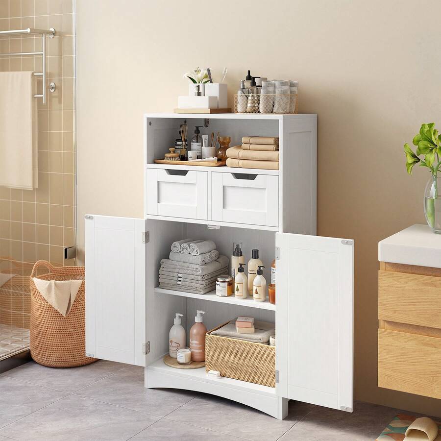 Asofer Bathroom Cabinet With 2 Drawers, Adjustable Shelf, Multifunctional, For Bathroom, Bedroom, Hallway (60 X 30 X 108 Cm) - trắng - Xem 1