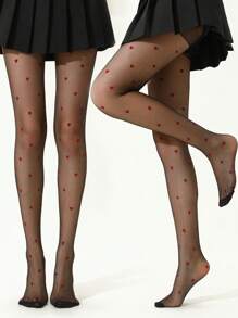 2 Pairs Women's Sexy Red Heart & Black Sheer Stockings/Pantyhose, Breathable Knit Fabric, Casual Wear, Spring/Summer/Autumn