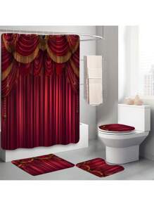 1pc/4pcs Luxurious Red European Noble Style Shower Curtain Set | Classical Luxury Romantic French Style Shower Curtain, Shower Curtain Fabric Bathroom Decoration Curtain With 12 Hooks, Non-Slip Bathroom Mat Toilet Mat Set, Bath Mat, Toilet Seat Mat, Non-Slip U-Shaped Mat, With Shower Curtain Hooks 12 Back To School