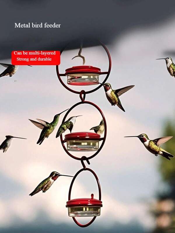 1 Piece, Metal Hanging Hummingbird Feeder With Transparent Glass Jar, Red Liquid Feeder And Perch, Durable Outdoor Hummingbird Feeding Station That Attracts Birds To Your Garden, Outdoor Bird Care, Round Bird Feeder, Stainless Metal Frame, Outdoor Hummingbird Feeder