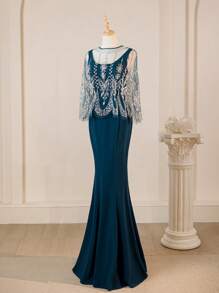 Nuovo abito da sera elegante con strascico a sirena, senza maniche, con scialle in pizzo, come regalo