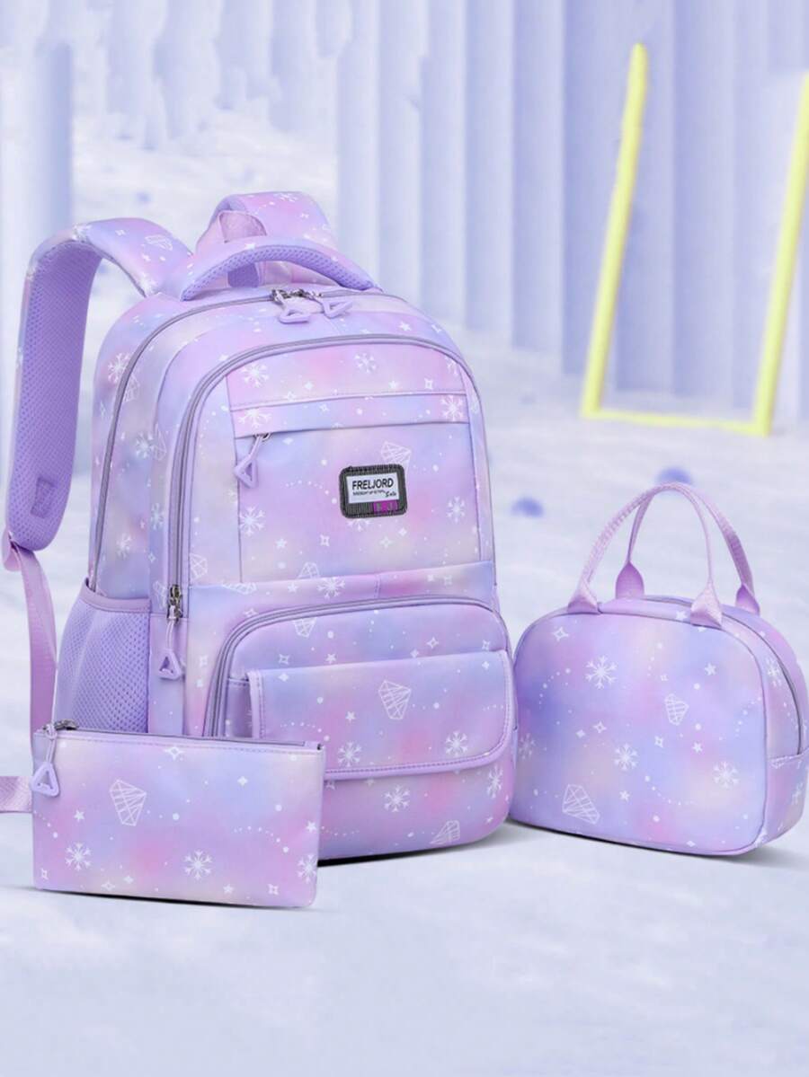 3 件套钻石雪花印花涤纶学校背包，带午餐盒和铅笔盒，大容量多隔层设计，可调节肩带，防水耐用面料，拉链开合，后行李带，适合学校和户外，返校礼物