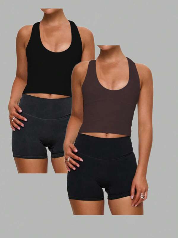 2pcs Pack Of Women's Solid Color U-Neck Sleeveless Bodycon Top, Fashionable, Versatile, Slim-Fit, Suitable For Casual