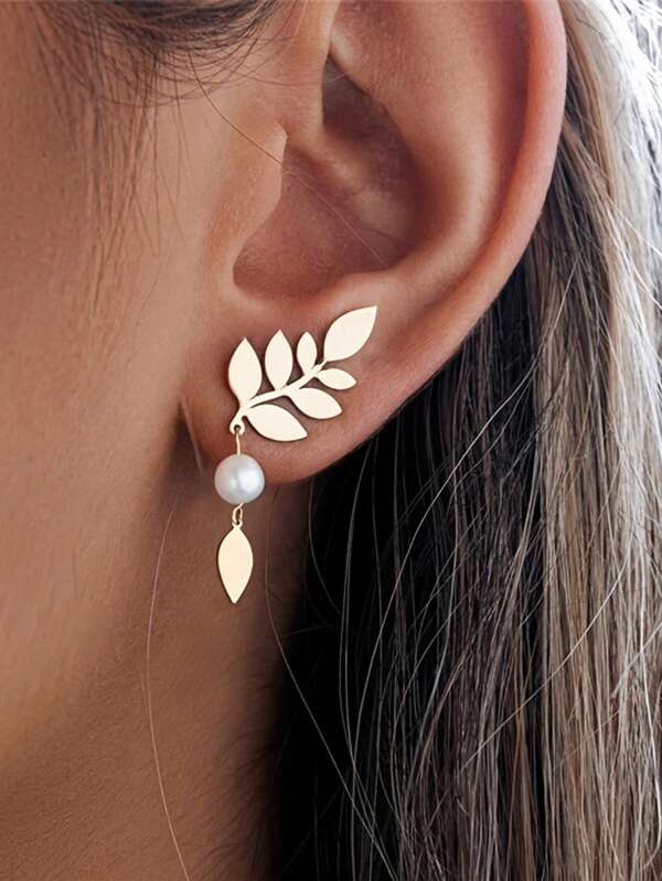 1 Pair Leaf & Water Drop Shape Faux Pearl Earrings, Brass Material, French Retro Style, Women Elegant Fashion Versatile Earrings, Suitable For Daily, Banquet, Valentine's Day, Graduation, Birthday, Mother's Day, Thanksgiving