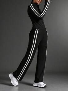 2 Pieces Women's Yoga Set: Jacket And Straight Leg Pants, Workout Outfit For Women, Black Striped Yoga & Fitness Tracksuit - Black - View 6