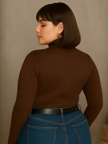 Women's Plus Size Blouse High Neck Sleeveless Ribbed Premium Autumn Winter - Coffee Brown - View 3