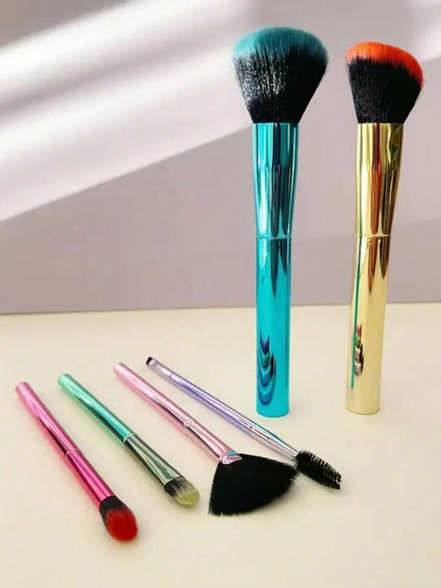 مجموعة من 6 فرش مكياج ذات مقابض متلونة مطلية بالكهرباء، فرش مكياج محمولة للأساس والظلال والرموش، أدوات تجميل فريدة وأنيقة