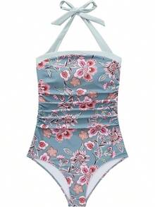 Women Sexy Tummy Control One Piece Swimsuit Halter Retro Bathing Suit - 68 Hoa đỏ cổ điển - Xem 4