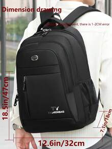 校园风多隔层字母印花尼龙双肩包男士钱包，可装15.6英寸商务笔记本电脑，多口袋轻便书包，大容量旅行包，便捷通勤日用包，多功能书包 - 黑色 - 查看 3