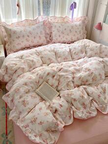 1 Set Pink Rose Ditsy Floral Duvet Cover 3 Pieces Set, Soft Wrinkle Fabric With Ditsy Floral Lace Trim, Romantic Decoration For Women Bedroom, Gift For Valentine's Day (1 Duvet Cover + 2 Pillowcases), Pillow Covers Are Random Cut Patterns - Hồng - Xem 5