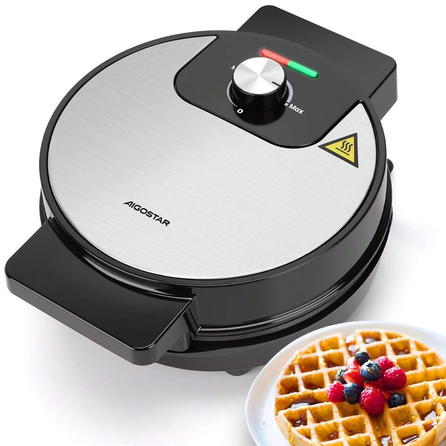 Aigostar Round Waffle Maker With Non Stick Deep Fill Plates, Adjustable Temperature Control, Belgian & American Waffle Machine, Cool Touch Handle, 1000W - Crunchy