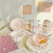 4 件套蝴蝶结设计陶瓷碗 - 包含 2 个碗和勺子，可用洗碗机清洗，适用于谷物、汤、沙拉、早餐、酸奶、甜点和冰淇淋 - 粉色，学校用品 - 彩色 - 查看 8