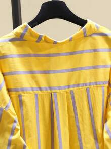 Women's Striped Color Block Button Asymmetric Hem Long Sleeve Shirt Blouse - Day To Night Versatile Top