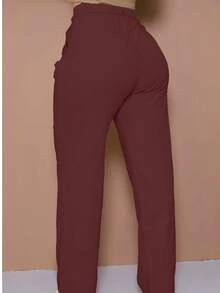 Women's Linen High Waist Trousers With Elegant And Detailed Rope Belt And Pence - 酒紅色 - 查看 2