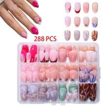 288片/盒（12种不同款式）短椭圆花朵法式美甲贴纸，短亚克力美甲贴纸，全覆盖假指甲，带收纳盒，适合女性和女孩日常生活和派对，美甲用品。 - 彩色 - 查看 3