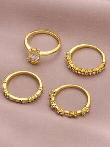 4pcs Minimalist Layered Ring Set - Shiny Cubic Zirconia, For Daily Wear And Parties, Girl - Gold - View 6