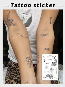 1 pièce Autocollant temporaire de tatouage avec un petit tigre et des designs de caractères chinois, résistant à l'eau, unisexe, améliore des lignes désordonnées de vase de bouquet et de libellules