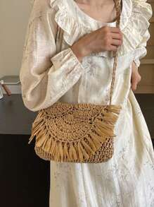 Bolso cruzado de macramé hecho a mano con borlas para mujer, bolso vintage, bolso de viaje, bolso para teléfono, bolso femenino, bolso de hombro, bolsos de paja para el verano hechos a mano con borlas, bolsos de playa 2025 de rafia y ratán trenzado, bolsos de hombro cruzados de vacaciones, embragues