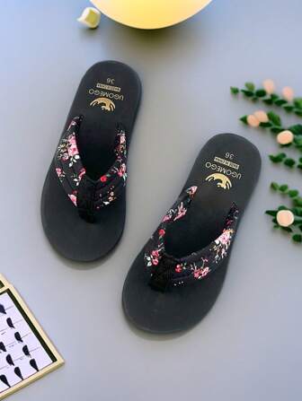 2.5CM Platform Wedge Flip Flops, Printed T-Strap Thong Sandals, Fashionable & Versatile Casual Women Shoes, EVA Thick Bottom Comfortable Slippers, Outdoor Matching Beach Shoes