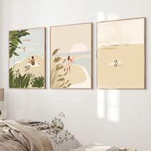 3 套无框波西米亚风冲浪女孩夏季海岸墙艺术海报帆布印刷抽象小人物海滩海景画适用于宿舍、客厅、卧室、现代家居装饰 - 彩色 - 查看 4